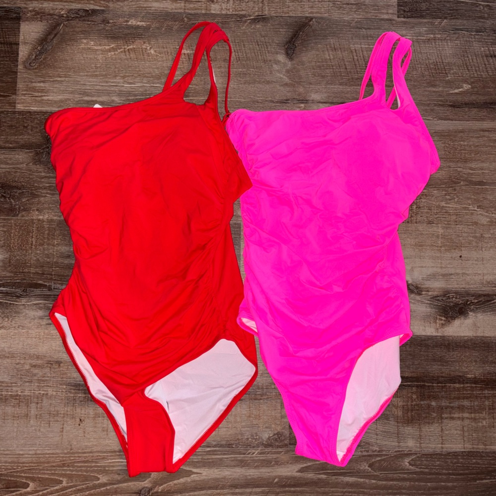 Red and Hot Pink One-Piece Swimsuits - Classic Scoop Neck